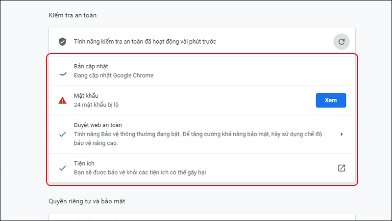 Chrome sẽ chạy 4 mục kiểm tra bảo mật